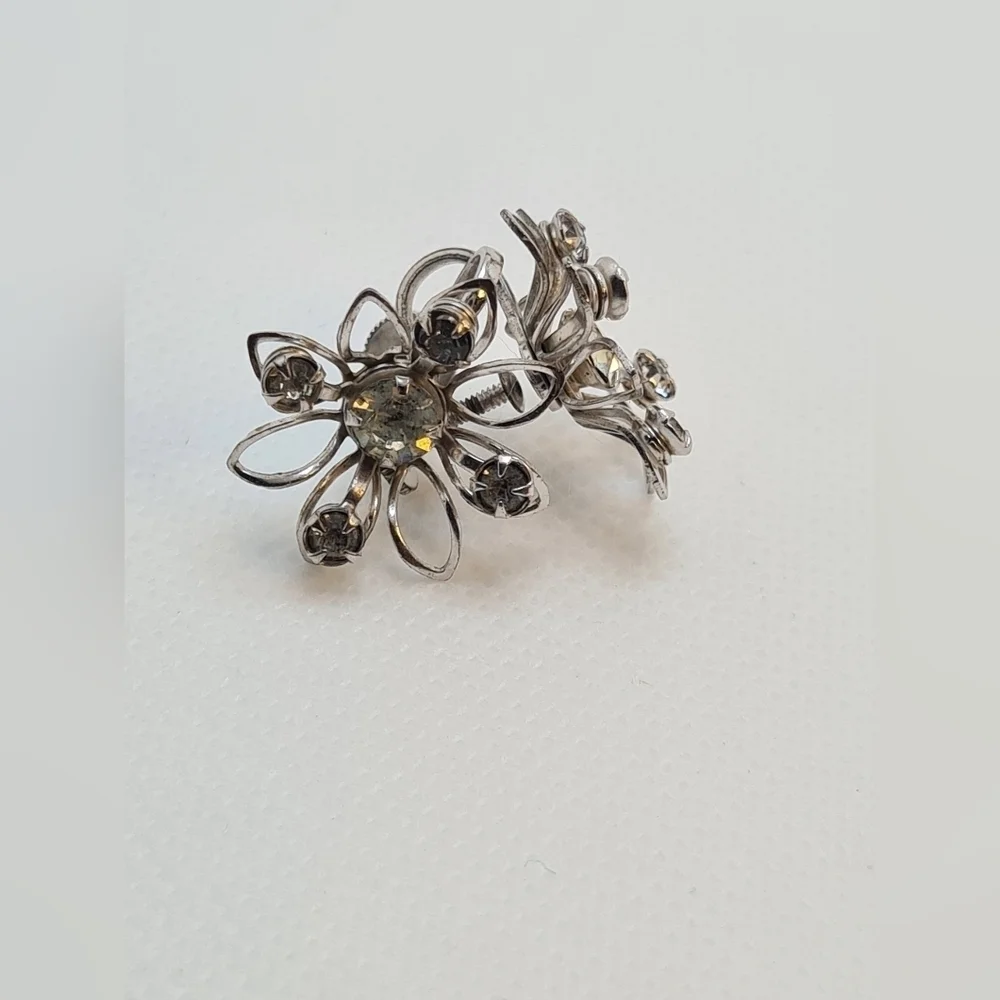 Vintage Silver And Crystal Floral Earrings